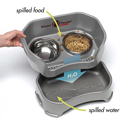 Neater Feeder Deluxe Mess Proof Dog Bowls Elevated for Medium Sized Breeds – Made in USA – No Spill Raised Slow Feeder Elevated Dog Bowl Stand, Stainless Steel Food and Water Bowl Set, Grey - color: Gunmetal Grey, size: Medium with Slow Feed Bowl
