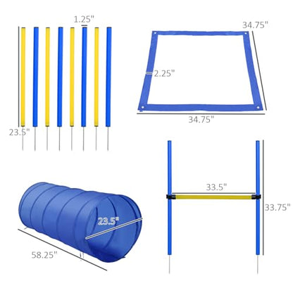 4Pc Obstacle Dog Agility Training Course with Jump Hurdle, Tunnel, Pause Box, Weave Poles and Carrying Bag, Backyard Fitness Set- Blue/Yellow