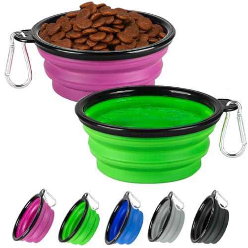 Collapsible Dog Bowl 2 Pack, Dog Water Bowls for Travels, Portable Foldable Pet Bowls Feeding Watering Dish for Parking Walking Camping with 2 Carabiners Clip (12oz, Small, Green+Purple) - color: Green+Purple, size: Small