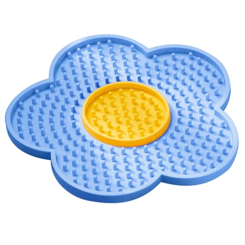 Silicone Lick Mat with Suction Cups Flower Shape Slow Feeder Pad for Dogs Cats Grooming Bathing - color: Blue