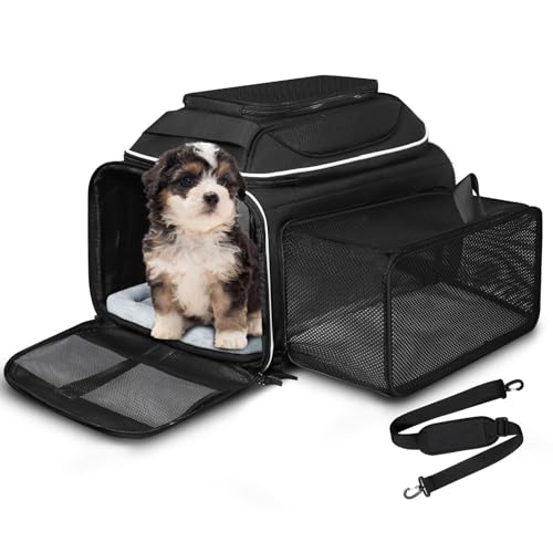 Petskd Top and Side Expandable Pet Carrier 18x11x11 Inches Delta United Airline Approved, Soft-Sided Carrier for Small Cats and Dogs with Locking Safety Zippers and Anti-Scratch Mesh(Black) - color: Black, size: 18.0"L x 11.0"W x 11.0"H