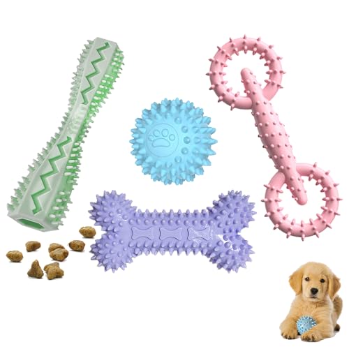 4 Pack Puppy Toys for 2-8 Months Pets Dog Chew Toy for Small Puppies Teething Toys for Cleaning Teeth Food Dispensing Soft Durable Rubber Bone Funny Ball Interactive Donut Treat Dumbbell (Mix Color) - color: mix color