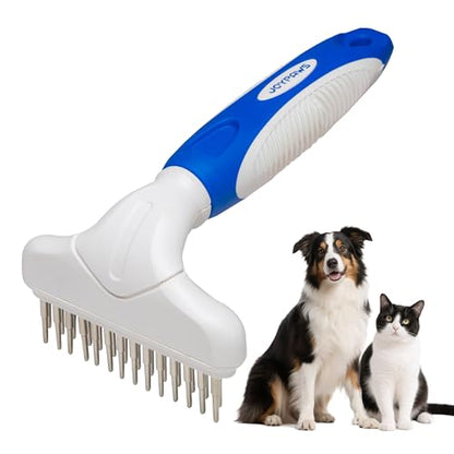 Dog Cat Grooming Tool Rake, Pet Dematting Tool with Stainless Steel Shedding Comb, Double Row Pet Rake Gently Remove Loose or Tangled Hair from Undercoat Blue - color: Blue