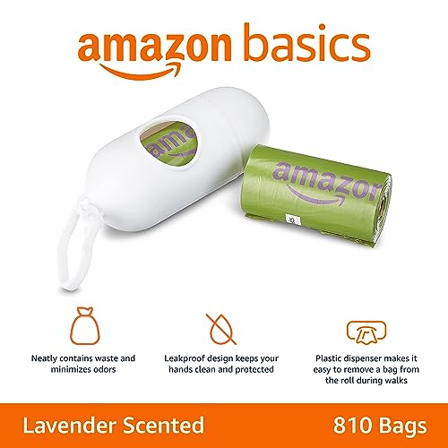 Amazon Basics Premium Leak Proof Dog Poop Bags with Dispenser and Leash Clip, Lavender Scented, 13" x 9", 810 Count (54 Rolls of 15) - style: 810 Bags