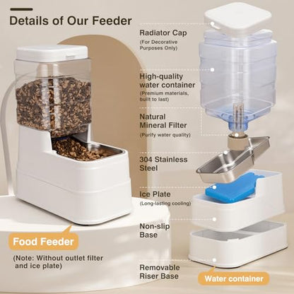 2 Pack Automatic Cat Feeder and Water Dispenser 1.3Gallon Dog Gravity Food Feeder and Water with Ice Pack Stainless Steel Dry Food and Waterer Bowl for Small Medium Large Pets (White) - color: White