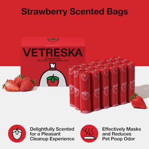 VETRESKA Strawberry Scented Dog Poop Bags, Leak Proof, Extra Thick and Large Pet Waste Bags for Dogs Walking and Cat Litter, 36 Refill Rolls, 540 Bags, Red - size: 1 Count (Pack of 540), style: Strawberry