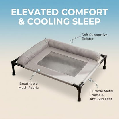 ALPHA TEC Elevated Dog Cot Bed with Plush Padded Bolster, High-Ventilation Mesh, Steel Frame, Non-Slip Feet, Gray (Large)