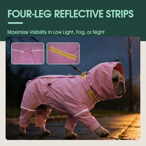 Kouser Waterproof Full-Body Coverage Dog Raincoat, Pink XS | Dog Raincoat with Reflective Stripes, Adjustable Dog Rain Jacket with Leash D-Ring, Hooded Poncho for Small Medium Large Dogs - color: Pink, size: X-Small(Back Length:9.84")