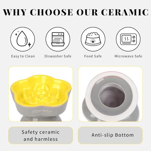 S&Q's CERAMICS Raised Slow Feeder Cat Bowl, Ceramic Elevated Food Bowl Small Dogs Slow Feeder, Flower Shaped Cute Pet Dish for Dry and Wet Food (Yellow, 5.8") - color: Yellow