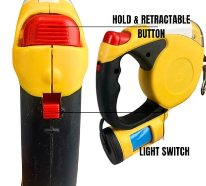 Buddy 3m (9.8 ft) Retractable Dog Leash with Flashlight | Ergonomic Grip | Waste Bag Holder | Durable Nylon