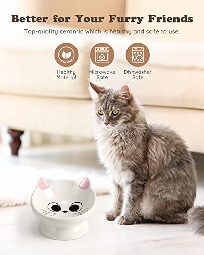 Raised Cat Food Bowl Ceramic 15° Tilted Cat Food Bowls Protect Cat's Spine Anti Vomiting Backflow Prevention Bowls for Adult Kitty, Kitten, and Small Dogs, Pink - color: Pink Ears
