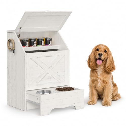 HOOBRO Dog Feeding Station with Sliding Drawer and 2 Hidden Bowls, Pet Feeding Station with Flip-Up Door, Dog Food Storage Cabinet with 2 Hooks for Living Room and Bedroom, Cloud White WT03PO03
