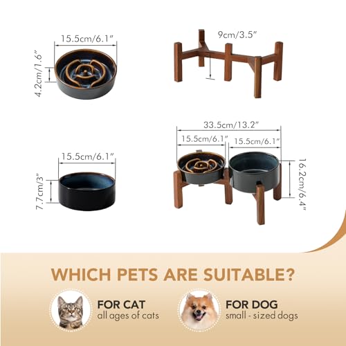 Havniva 0.9 Cup Elevated Slow Feeder Dog Bowls, 6.1” Dog Slow Feeding Bowls + 6.1” Ceramic Dog Water Bowls Set with Acacia Wood Stand, Dog Food Bowls Puzzle Feeder for Small Dogs Non-Slip Anti-choking - color: 2 x Starry Sky + Stand - A, size: S- 6.1inch