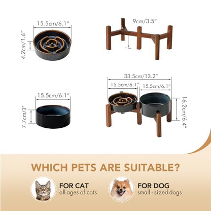 Havniva 0.9 Cup Elevated Slow Feeder Dog Bowls, 6.1” Dog Slow Feeding Bowls + 6.1” Ceramic Dog Water Bowls Set with Acacia Wood Stand, Dog Food Bowls Puzzle Feeder for Small Dogs Non-Slip Anti-choking - color: 2 x Starry Sky + Stand - A, size: S- 6.1inch