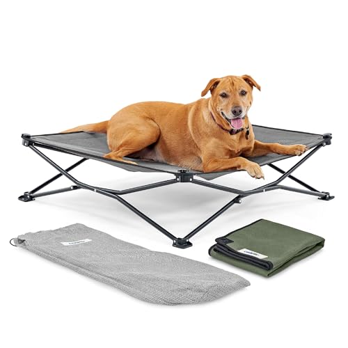 Coolaroo On-The-Go Elevated Dog Bed Kit – Portable & Cooling Travel Cot with HeatShield Fabric for Large Dogs, Lightweight & Compact, Includes Matching Carry Bag & Everglade Green Bonus Cover, Large - color: Everglade Green, style: Large