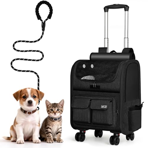 MGB Rolling Cat Carrier with Wheels: Dog Carrier for Small Dogs & Large Cats, Large Cat Carrier with YKK Zipper, Large Capacity, Breathable Mesh, Side Pocket, Black (Not for Airline) - color: Black