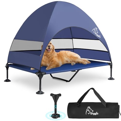 Upgraded Elevated Dog Bed with Canopy, Portable Raised Outdoor Dog Bed with Stable Anti-Slip Feet, Wider Shade Pet Bed Cot, Raised Dog Beds for Large Dogs Camping, Indoor & Outdoor Use - color: Dog Canopy-Navy Blue, size: 50.0"L x 32.0"W x 42.5"Th