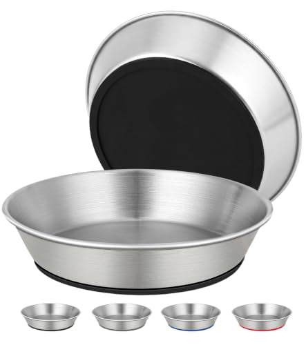 2 Pack Stainless Steel Cat Bowls for Food and Water, Shallow Non-Slip Silicone Bottom Dishes for Cat and Small Dog Puppies, Capacity of 13 Oz, Size: 6" Width and 1.26" Height (Black) - color: Black