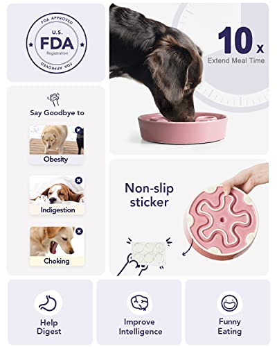LE TAUCI Slow Feeder Dog Bowls Ceramic, 1.5 Cups Dog Food Bowl, Puppy Slow Feeder Dish for Fast Eaters,Pink Bloom - color: Pink Bloom, size: M-1.5 Cups