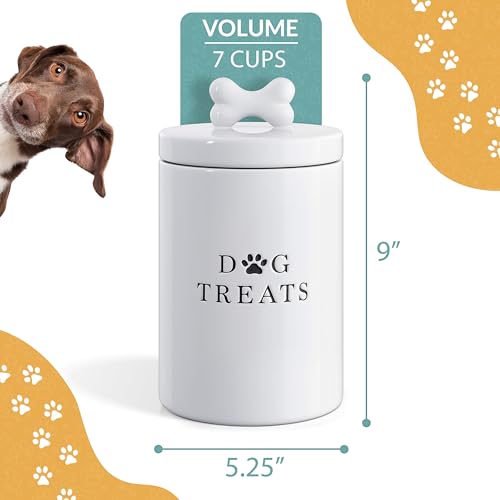 Barnyard Designs Large Dog Treat Container Airtight with Lid, Cute Rustic Ceramic Dog Treat Storage Jar for Kitchen Counter (White) - color: White