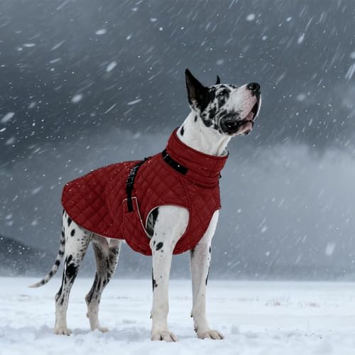Kuoser Dog Coat Warm Fleece Lining Turtleneck Dog Jacket with Harness Built-in, Windproof Cold Weather Coats with Quick Release Buckle Pet Winter Snowsuit for Extra Large Dogs Great Dane, Red 3XL - color: Red, size: Xxx-large (Chest Girth: 42.5")