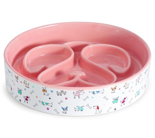 Slow Feeder Dog Bowl, Ceramic Dog Bowls 1.5 Cup Puzzle Feeder - Stops Fast Eating, Prevents Bloat, Choking & Black Chin for Medium/Large Dogs, Pink﻿ - color: Pink
