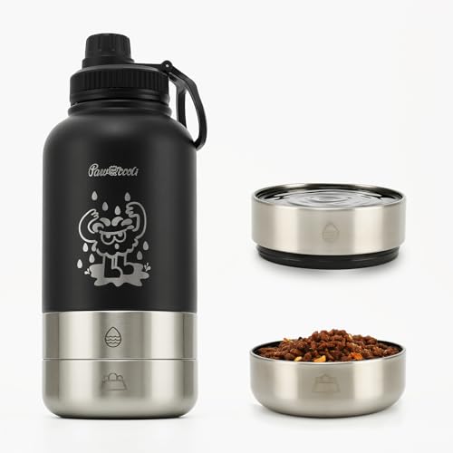 34oz Dog Water Bottle, Stainless Steel Dog Water Bottle Dispenser with Detachable Food & Water Bowls, Keeps Water Hot/Cold, for Walking, Hiking, Camping(Black)