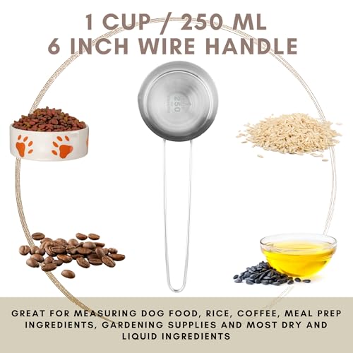 1 Cup Stainless Steel Measuring Cup, Long 6" Wire Loop Handle and Pour Spout | Sturdy Metal 250 ml | 240 cc | 8 oz | Single Cup for Wet and Dry Ingredients | Great for use as 1 Cup Dog Food Scoop - size: 1 Cup Long Handle