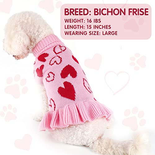 cyeollo Valentines Dog Sweater Dress, Warm Turtleneck Dog Sweaters for Small Dogs Girl, Knitted Pullover Small Dogs Sweaters, Stretchy Comfy Pet Clothes with Pink Heart Pattern and Leash Hole, S - color: 1# Valentine's Sweater Dress, size: Small
