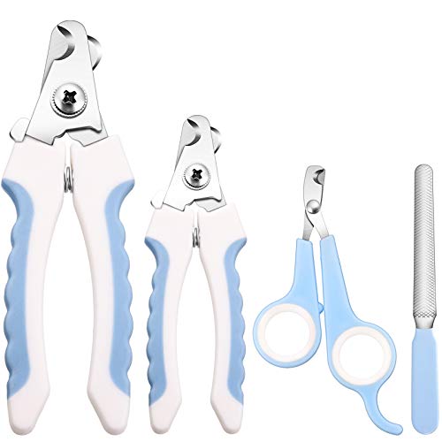 Mudder 4 Pieces Dog Nail Clippers Kit Dog Cat Pets Nail Clippers and Trimmers with Safety Guard to Avoid Over Cutting for Large Small Animals Pet Grooming (Blue and White)