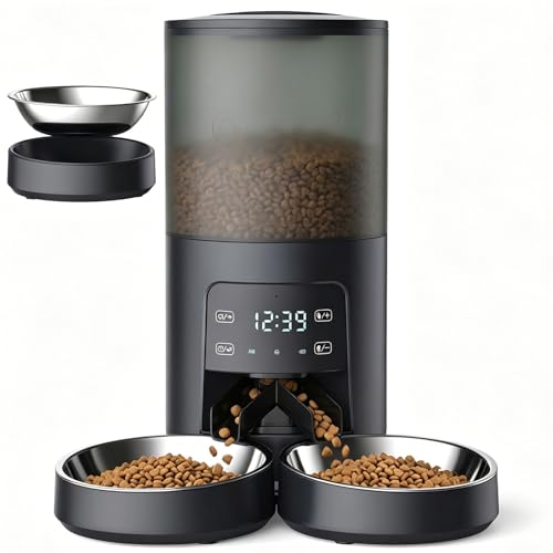 Sweetcrispy Automatic Cat Feeder for 2 Cats, 6L/25.3 Cups Automatic Pet Feeder with 2 Stainless Bowls, 6 Meals/Day, 50 Portions/Meal, Cat Food Dispenser with Dual Power Supply, 10s Meal Call, Black - color: Black, size: 6L - Dual Bowls