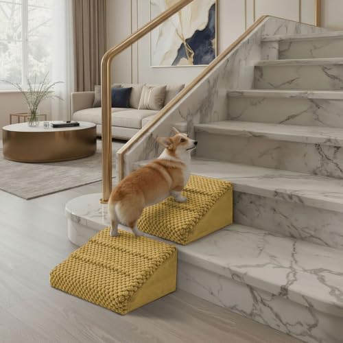 Dog Ramp for Stairs - Anti-Slip Foam Stair Wedges for Small & Senior Dogs, Cats, Gentle Slope Pet Steps with Washable Corduroy Cover, Self-Sticky Pads for Safe Climbing (Yellow-2 Pack) - color: Yellow-2 PACK