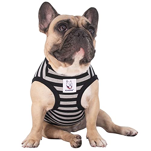 iChoue French Bulldog 100% Breathable Cotton Striped T Shirts Halloween Vest Clothes for Medium Dogs Tank Tops Frenchie Pug English Boston Terrier Pitbull Grey Black Stripes - Large Plus - color: Classic Stripe Black Grey, size: Large Plus ( 35 - 45 lbs )