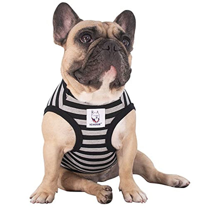 iChoue French Bulldog 100% Breathable Cotton Striped T Shirts Halloween Vest Clothes for Medium Dogs Tank Tops Frenchie Pug English Boston Terrier Pitbull Grey Black Stripes - Large Plus - color: Classic Stripe Black Grey, size: Large Plus ( 35 - 45 lbs )