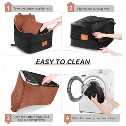 GL GLENSLAVE Dog Car Seat for Small/Medium Dogs, Dog Booster Car Seats with Thick Cushion for Dogs Under 35 lbs, Detachable Washable Pet Carseat with Storage Pockets, 2 Safety Belts(Black/Brown) - color: Black/Brown