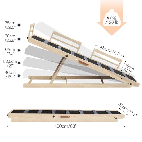HOOBRO Dog Ramp for Bed, 63" Long Folding Pet Ramp with Non-Slip Mat and Safety Side Rails, 5 Height Adjustable up to 29.5", Wooden Dog Ramp for Couch, for Small/Large Dogs, Natural and Black NB46PT03 - size: 63.0"L x 17.7"W x 3.7"H
