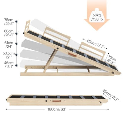 HOOBRO Dog Ramp for Bed, 63" Long Folding Pet Ramp with Non-Slip Mat and Safety Side Rails, 5 Height Adjustable up to 29.5", Wooden Dog Ramp for Couch, for Small/Large Dogs, Natural and Black NB46PT03 - size: 63.0"L x 17.7"W x 3.7"H