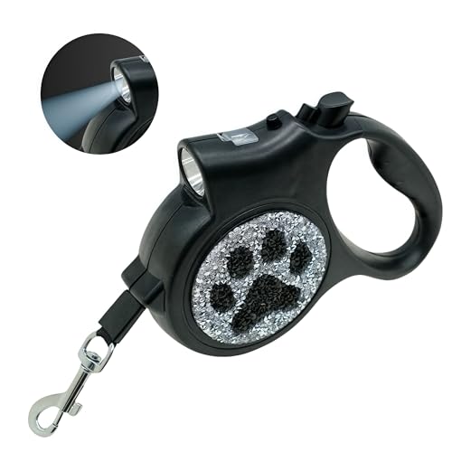 Led Retractable Dog Leash – 16ft Leash with Handcrafted Sparkle Detail Tangle-Free One-Hand Brake Soft Grip Handle for Small & Medium Dogs Up to 77lbs (DL-BK) - color: DL-BK