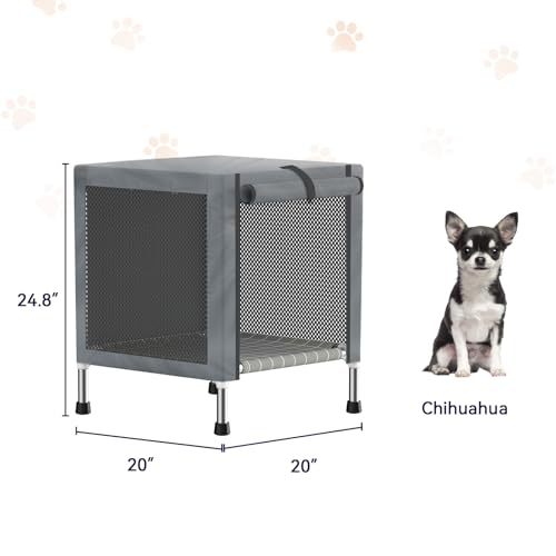Small Stainless Steel Elevated Dog Crate with Cover, 2-in-1 Indoor & Outdoor Raised Pet House, Rust-Proof Dog Kennel with Silicone Anti-Slip Feet, Tool-Free Assembly - size: 20.0"L x 20.0"W x 24.0"H