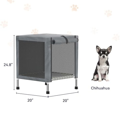 Small Stainless Steel Elevated Dog Crate with Cover, 2-in-1 Indoor & Outdoor Raised Pet House, Rust-Proof Dog Kennel with Silicone Anti-Slip Feet, Tool-Free Assembly - size: 20.0"L x 20.0"W x 24.0"H
