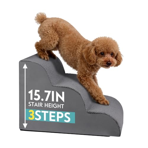 Dog Stairs for Small Dogs,15.7" H Pet Stairs 3-Steps Ramp for Puppy, Older Cat, Stairs with Whole 30D High Density Foam, Corduroy Fabric, Non-Slip Bottom Dog Steps for Bed and Couch (Grey, 3-Step) - color: Grey, size: 3-Step (H: 15.7IN)
