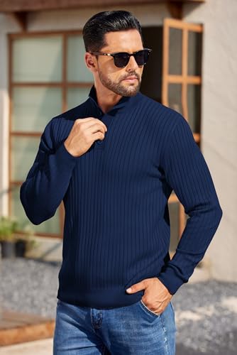 COOFANDY Mens Quarter Button Sweater Long Sleeve Stand Collar Sweaters Casual Knitted Ribbed Dress Pullover - color: Navy Blue, size: Large