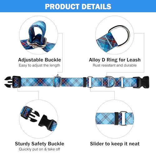 Hikiko Dog Collar for Small Medium Large Dogs, Adjustable Nylon Martingale Collars with Quick Release Buckle (Blue Plaid,M) - color: Blue Plaid, size: Medium