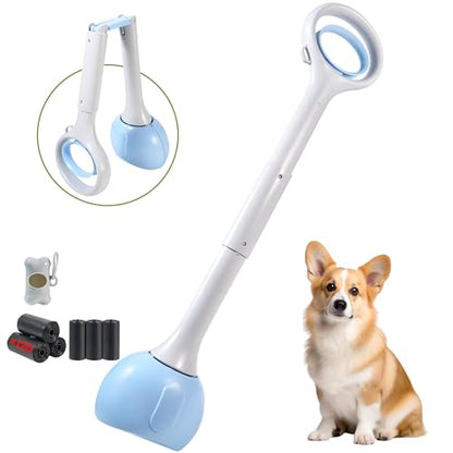 Dog Pooper Scooper Portable with Bag Attachment, One Handed Foldable Design, Includes 120 Waste Bags and Dispenser, 28 Inch Handle for Grass Yard Gravel Cleanup (Blue) - color: 28in + Blue + 120 garbage bags + dispenser
