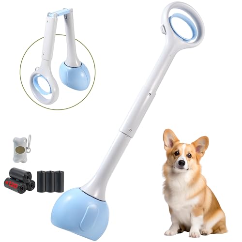 Dog Pooper Scooper Portable with Bag Attachment, One Handed Foldable Design, Includes 120 Waste Bags and Dispenser, 28 Inch Handle for Grass Yard Gravel Cleanup (Blue) - color: 28in + Blue + 120 garbage bags + dispenser