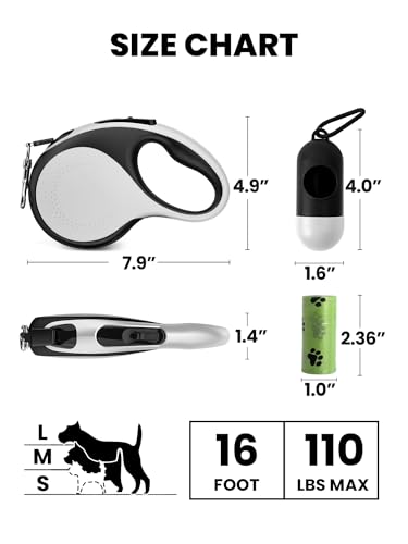 Retractable Dog Leash with Led Light, Douexio 16ft Heavy Duty Dog Leash Retractable for Medium Large Dogs Up to 110lbs,360° Tangle-Free, One-Button Control, High Strength Hook (White, 66-110lbs) - color: White, size: 66-110lbs