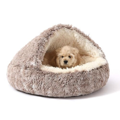 NOYAL Round Hooded Donut Dog Bed for Small & Medium Pets - Plush Fluffy Anti-Anxiety Cat Cave Bed with Cover - color: Gradual brown, size: Small 19.6''