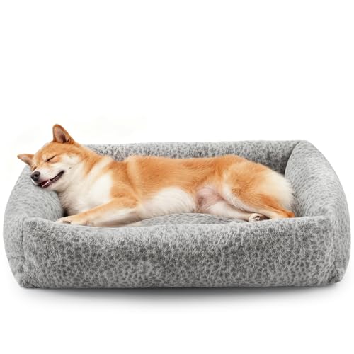 JOEJOY Large Dog Beds Large Sized Dog, Removable Washable Cover Orthopedic Soft Faux Rabbit Fur Pet Bed, Anti-Slip Fluffy Plush Faux Rabbit Fur Puppy Bed, 36"x27"x8", Leopard Print, Grey - color: Grey, size: L (36"x27"x8")