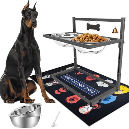SHAINFUN Elevated Dog Bowls for Large Dogs and Extra Large Sized Dog Raised Dog Bowl Stand Adjustable Height with Two 3000ML(13-14cups) Stainless Steel Dog Food Bowls Metal Elevated Dog Bowl Stand - color: Grey - 106oz Bowl & Mat, size: X-Large Dogs
