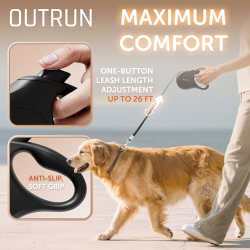 OUTRUN Retractable Dog Leash 26 FT Walking Leash up to 110 lb, Strong Nylon Tape No Tangle, Heavy Duty One-Handed Brake Lock, Black
